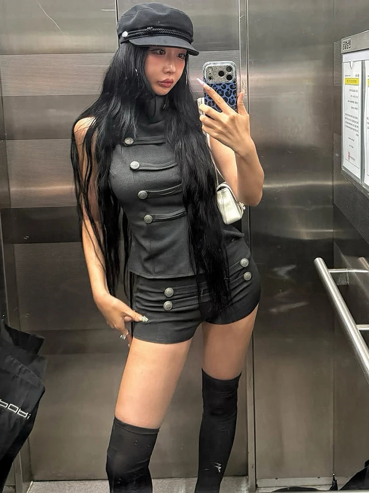 Sexy Fashion 2 Piece Set Woan Button Decoration Turtleneck Irregular Splits Hen Tops+Mini Shorts Classic Streetwear