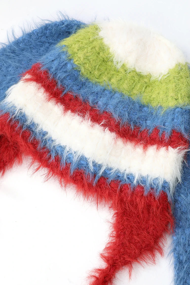 Y2K Cute Color Block Striped Bunny Ear Braid Knit Beanie For Women