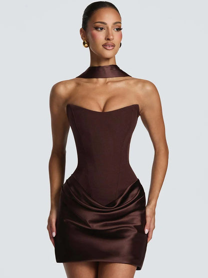 Satin Strapless Backless Sexy Mini Dress Women Elegant Halter Choker Neck Ruched Waist Bodycon Club Party Dresses