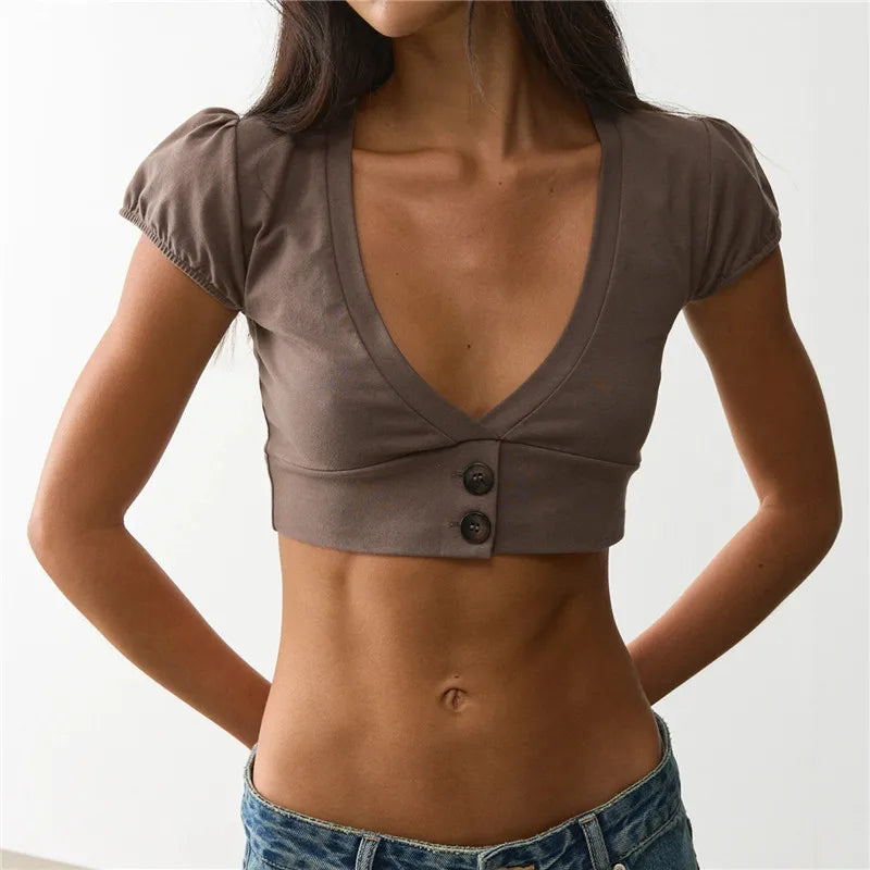 Summer Women Deep V Neck Puff Sleeve Crop Top Button Front Slim Fit Short Cropped T Shirt Casual Solid Streetwear Blouse