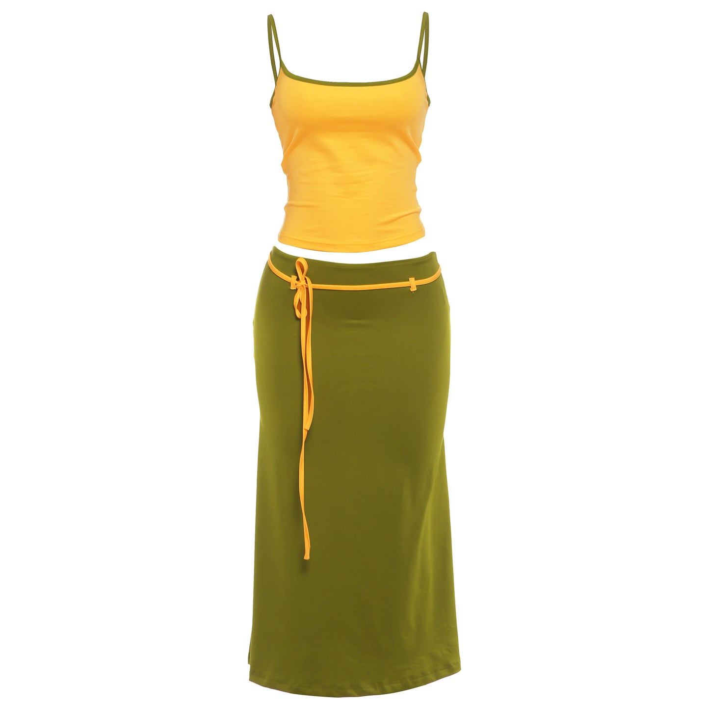 Ribbon Decoration Long Skirt+Low-Neck Backless Shape Waist Camisole 2 Piece Set Woman Summer Classic Elegant Style Suits
