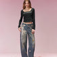 Cropped Long-Sleeve T-shirt with Letter Print, Y2K U-Neck Streetwear Tops for Women, Fashion Casual Tee for Daily Outfit