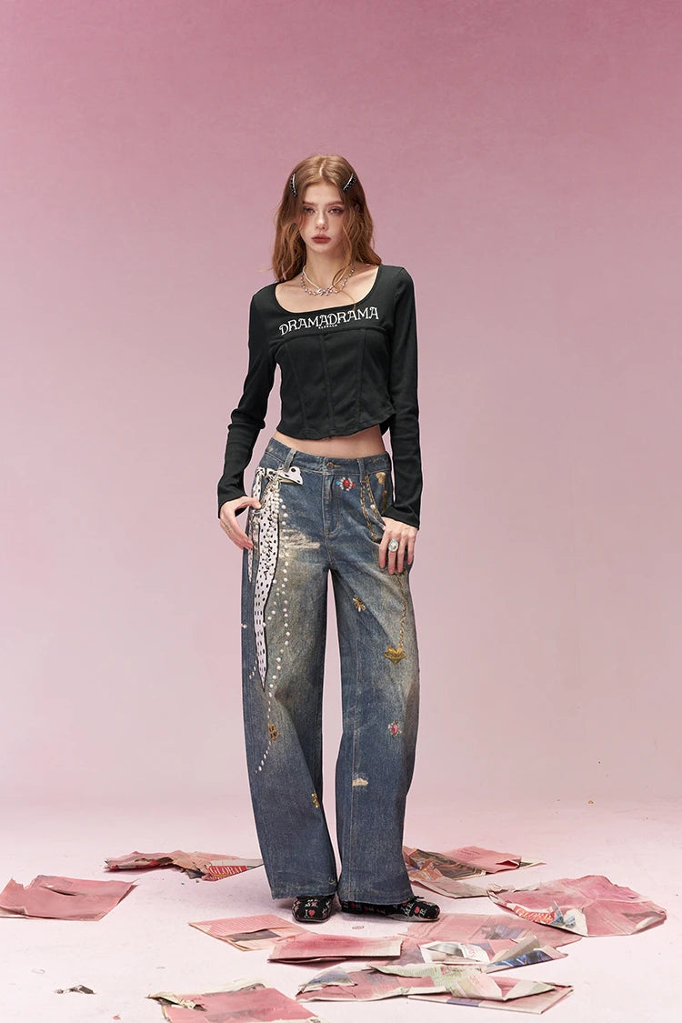 Cropped Long-Sleeve T-shirt with Letter Print, Y2K U-Neck Streetwear Tops for Women, Fashion Casual Tee for Daily Outfit