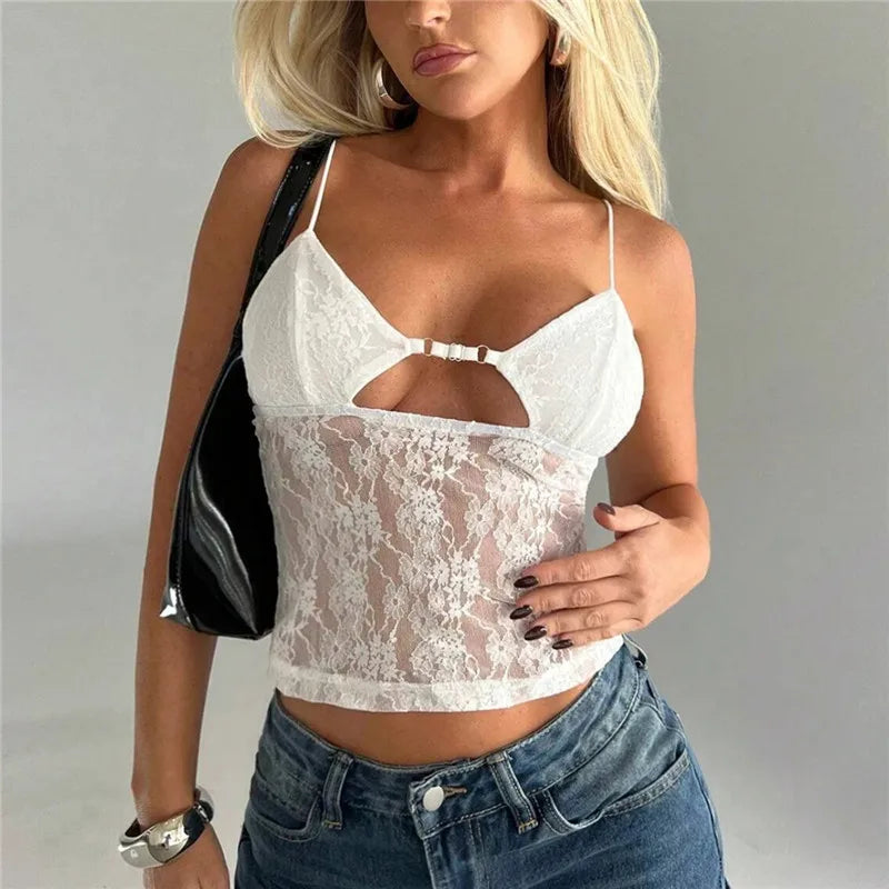 Women Lace Mesh Camisole Spaghetti Strap Sheer Floral Lace Chest Cutout Crop Top Slim Fit Y2K Streetwear Nightclub Party