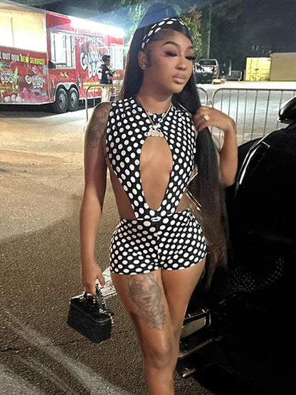 Polka Dot Sexy 2 Piece Set Women Side Split Sleeveless Bandage Bodysuit+Shorts Matching Hipster Party Clubwear Suits