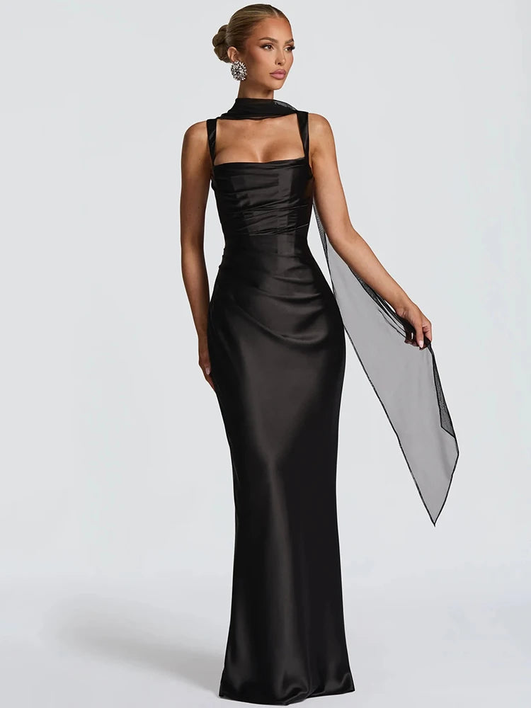 Satin Backless Sexy Maxi Dress Women Elegant Halter Off-shoulder Sleeveless Lace-up Bodycon Club Party Long Dresses