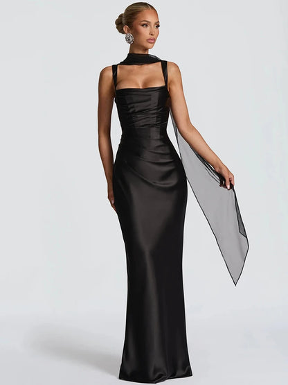 Satin Backless Sexy Maxi Dress Women Elegant Halter Off-shoulder Sleeveless Lace-up Bodycon Club Party Long Dresses