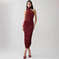 Draped Halter Neck Ruched Midi Dress Woman for Birthday Pictures Elegant Burgundy Party Dresses