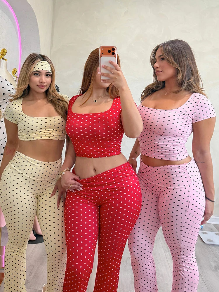 Polka Dot Print 3-Piece Set Women Simple Headband+Square Collar t-Shirt+Elastic Waistbell-Bottoms Sporty Style Suit