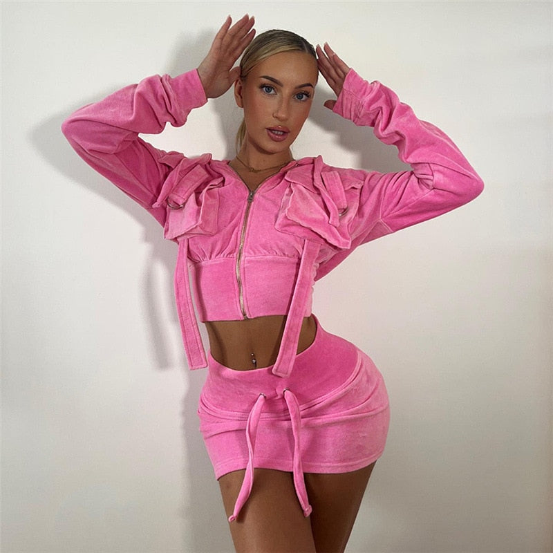 Long Sleeve Two Piece Set for Women Pink Velvet Zip Up Hooded Jacket Mini Skirt Casual Fall Winter Outfits