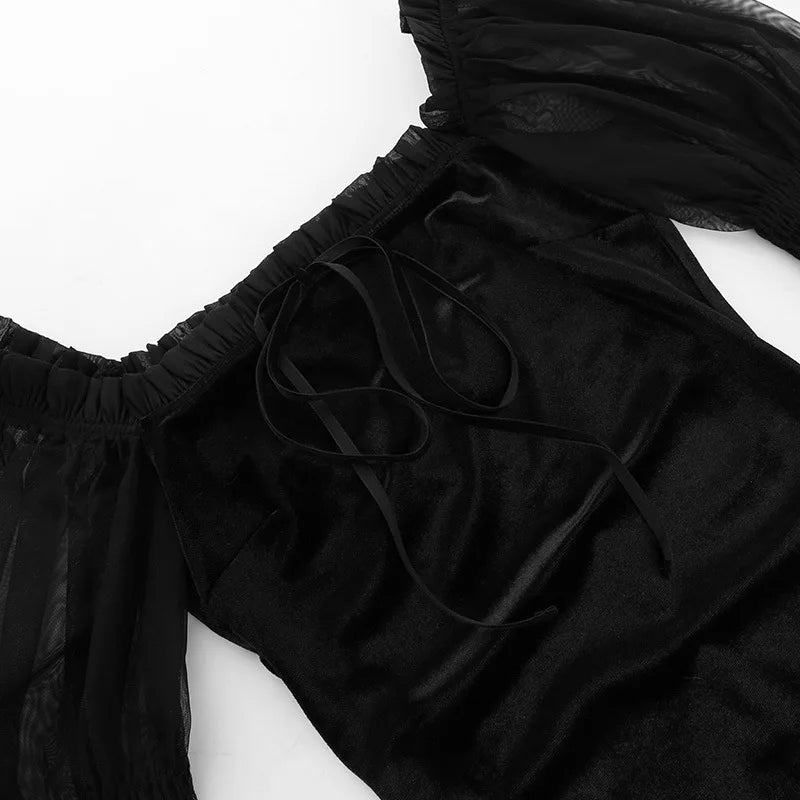 All Black Long Sleeve Bodycon Dress Elegant Sheer Mesh Puff Sleeve Square Neck Backless Short Dresses Velvet