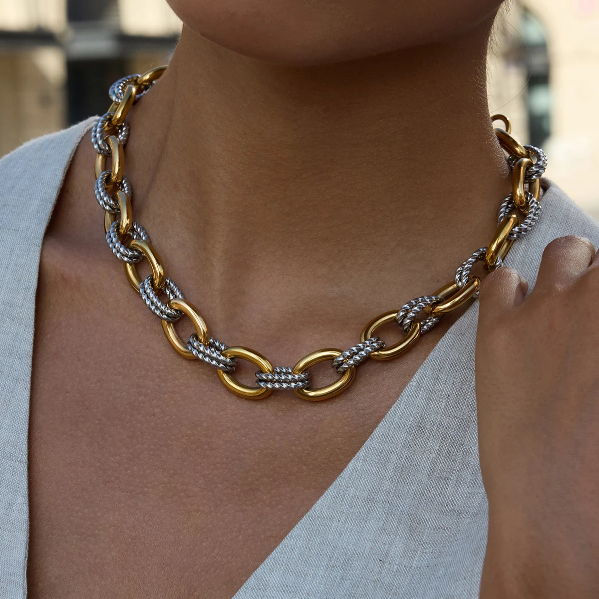Women's Stainless Steel Two Color Design Necklace 18k Gold Color Plated Twisted Splicing Stackable Waterproof Jewelry