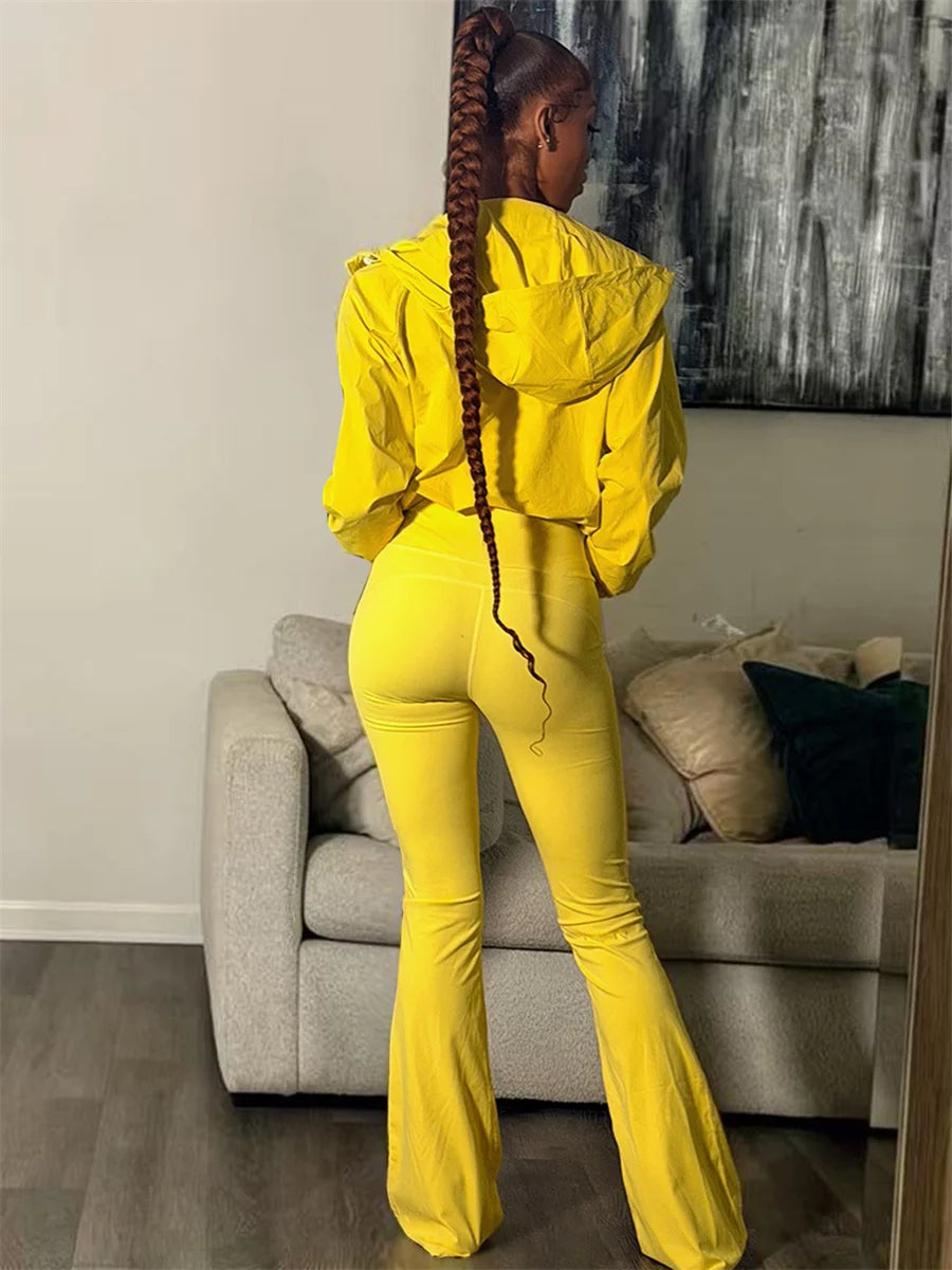 Casuals 2 Piece Set Women Chic Sporty Hooded Zipper Crop Jacket+Simple Tank Top+Flare Pants Autumn Trend Street Suits