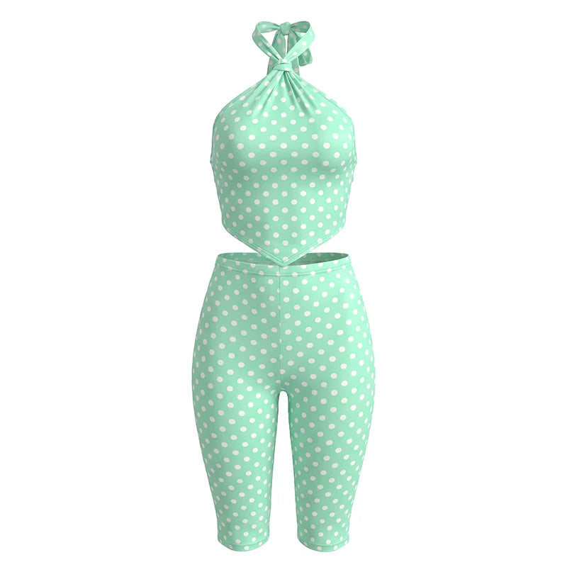 Midnight 2-Piece Set Polka Dot Print Women Halter Bandage Backless Vest+Elastic Waist Midnight Elasticity Sexy Outfits