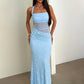 Women Halter Mesh Cutout Lace Sexy Maxi Dress Elegant Square Collar Sleeveless Backless Bodycon Club Party Long Dresses