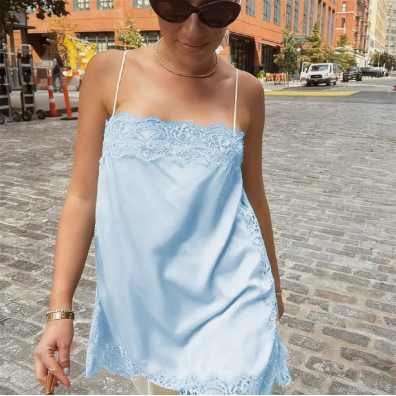 Elegant Lace Patchwork Cami Tops Women Solid Sleeveless Square Neck Loose Vest Suit Autumn Lady Chic Satin Party Outfit