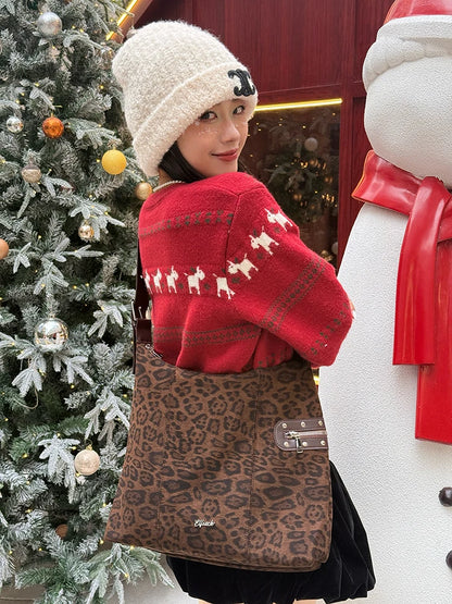 Y2K Casual Leopard Large Capacity Suede Crossbody Shoulder Bag For Women