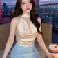 Chic Sweet 2-Piece Set Women Swing Collar Halter Tassel Solid Vest+Fake Diamond Sticker Skirt Summer Fashion Party Suit
