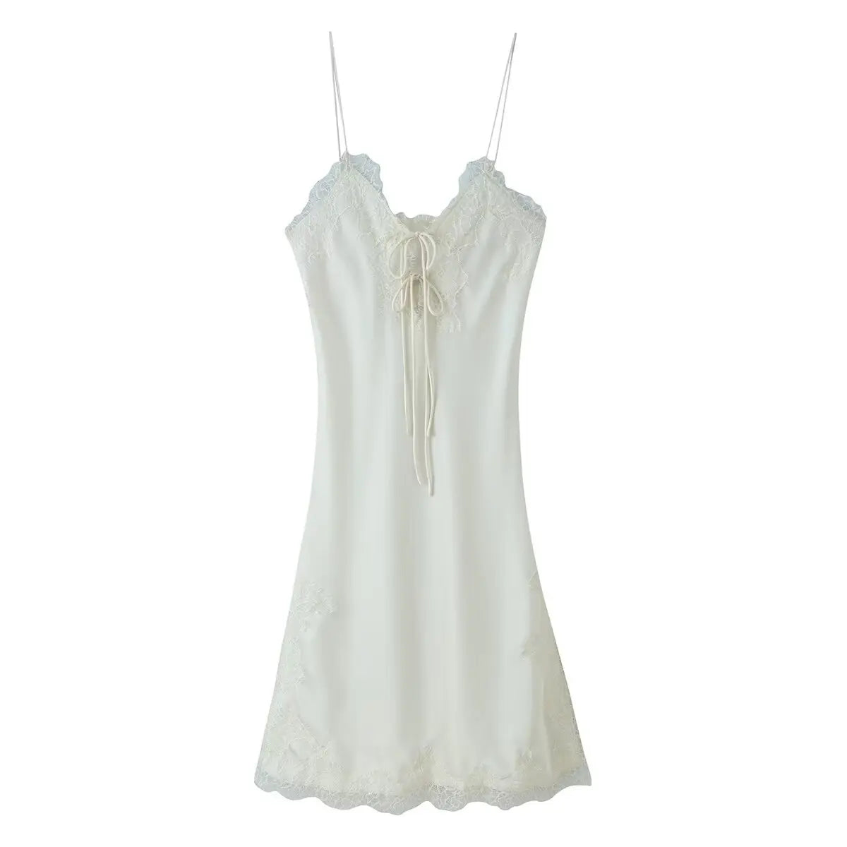Fashion Women Lace Trimmed Slip Short Dress Sexy Ladies Sleeveless Spaghetti Strap V-Neck Summer Mini Slim Dress