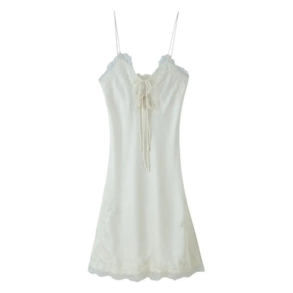 Fashion Women Lace Trimmed Slip Short Dress Sexy Ladies Sleeveless Spaghetti Strap V-Neck Summer Mini Slim Dress