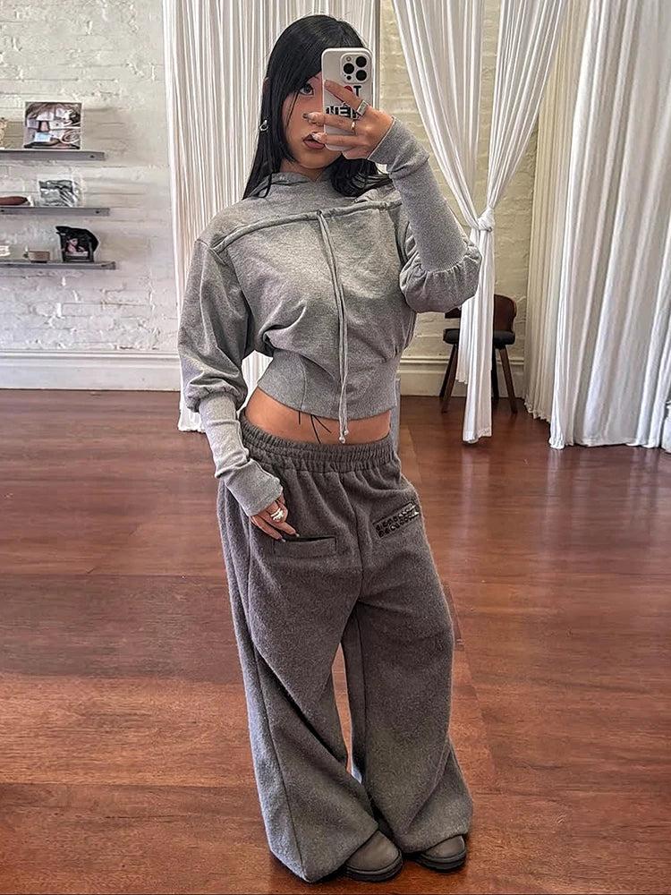 Hooded Crop Tops Women Single-Breasted Bandage Full Sleeve 2026 Autumn Fashion Leisure Comfortable Classic Streetwear