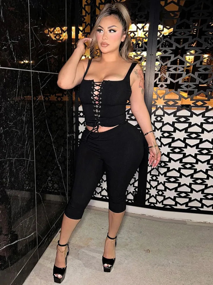 Sexy Ribbed Shorts 2 Piece Sets Women Bandage Sleeveless Tops And Skinny Shorts Fashion Lace-up Tops Two Piece Sets