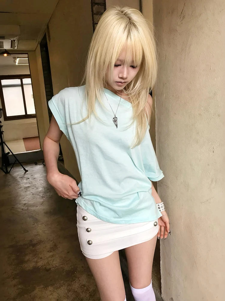 Solid Loose t-Shirt Simple Women Slanted Shoulder 2026 Summer New Trend Daily Commute Casual Comfortable Streetwear
