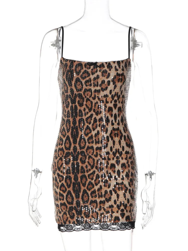 Leopard Print Sparkle Sexy Mini Dress Women Glitter Spaghetti Strap Sleeveless Backless Bodycon Club Party Dress