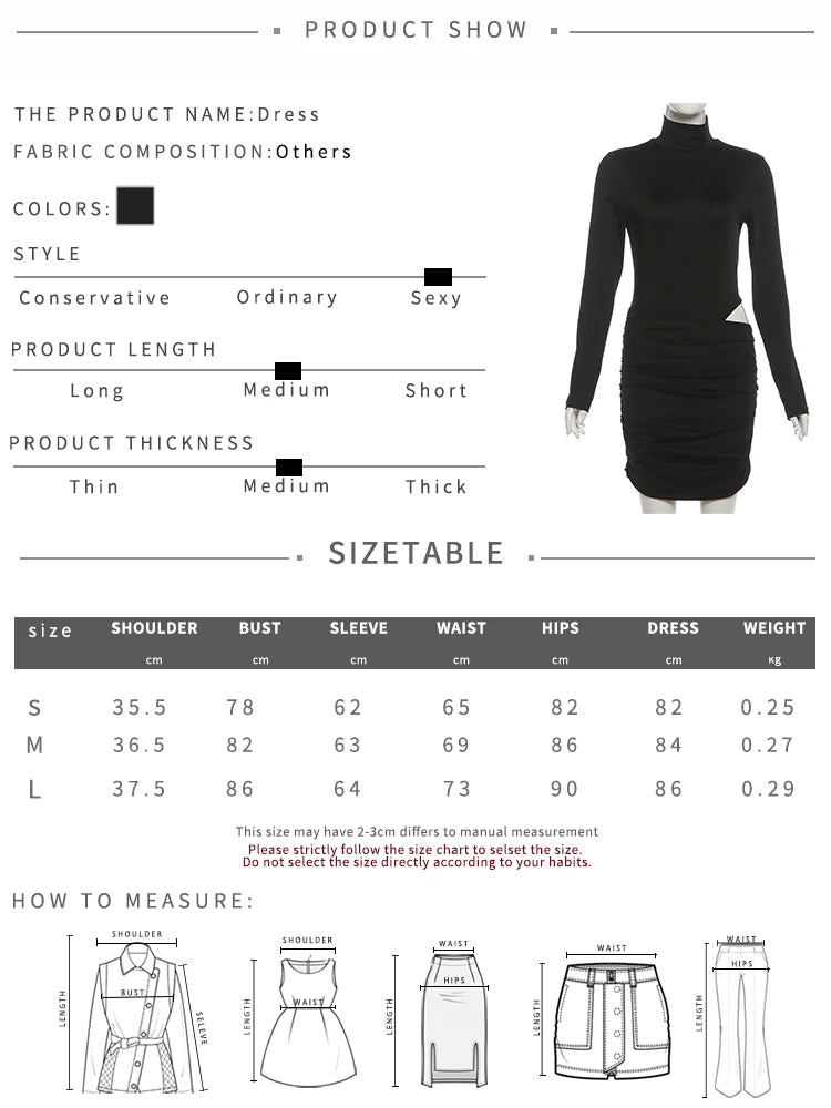 Turtleneck Waistless Dress Women Full Sleeve Folds Solid Skinny High Elasticity Sexy Midnight Hottie Simple Mini Bodycon