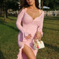 Flare Long Sleeve Ruffle Sexy Maxi Dress Women Autumn Pink V Neck Single-breasted High Waist Club Long Dresses Female
