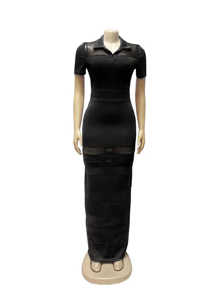 Mesh Patchwork Dress Women Polo-Neck Short Sleeve Skinny Peach Hip Midnight Club Party Sexy Coquette Long Bodycon