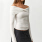 French Coquette Off Shoulder Twist Top For Women Long Sleeve Slim Ruched Basic Tee Casual Daily Going Out Blouse Top