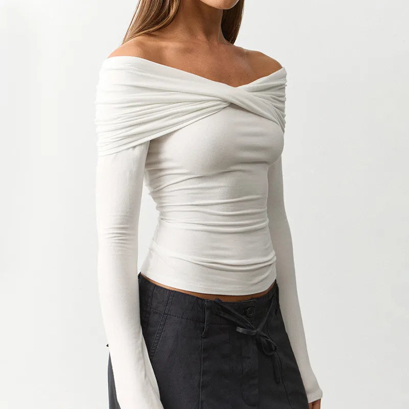 French Coquette Off Shoulder Twist Top For Women Long Sleeve Slim Ruched Basic Tee Casual Daily Going Out Blouse Top