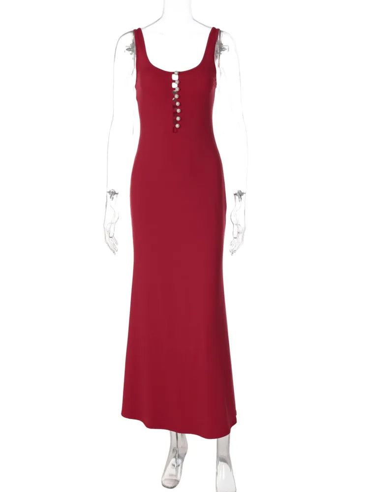 Women Sexy Maxi Dress Sleeveless Spaghetti Strap Pearl Button Decor Bodycon Dress Backless Elegant Evening Party Dress