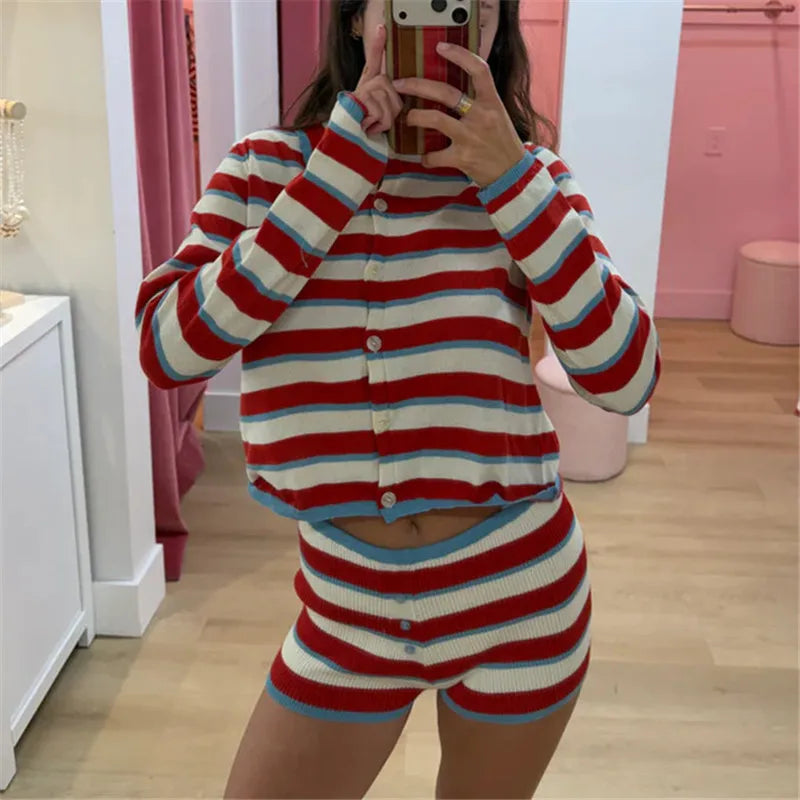 Womens Striped Knit 2 Piece Outfit Turn Down Collar Button Long Sleeve Top Elastic Waist Shorts Y2K Casual Matching Set