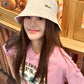Reversible Pink Plaid & Beige Bucket Hat with Metal Logo for Women