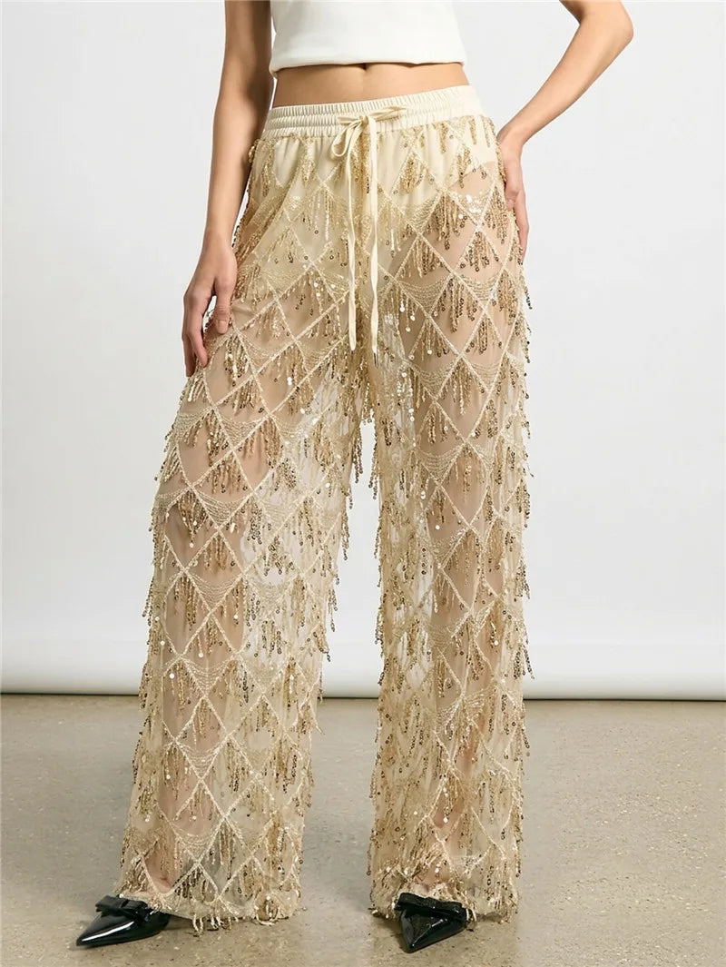 Sheer Mesh Sequin Fringe Wide Leg Pants Drawstring Elastic Waist See Through Beach Cover Up Palazzo Pants Party Clubwear