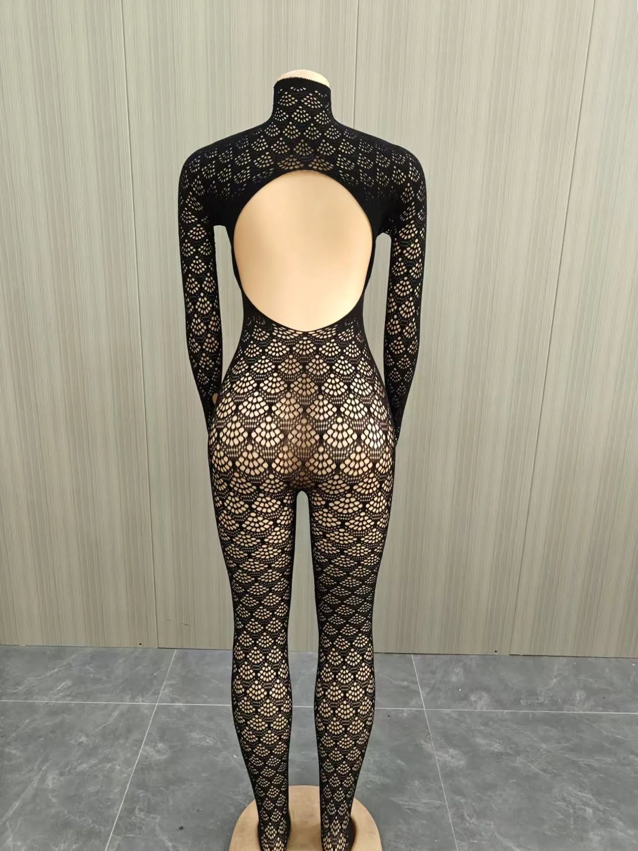 Coquette Backless Jumpsuit Women Sexy Jacquard See Through Turtleneck Full Sleeve Stretch Midnight Club Streewear