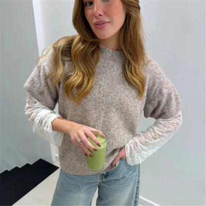 Women Fake Two Piece Sweater Lace Patchwork Long Sleeve Fuzzy Knit Top Crew Neck Loose Pullover Fall Winter Streetwear