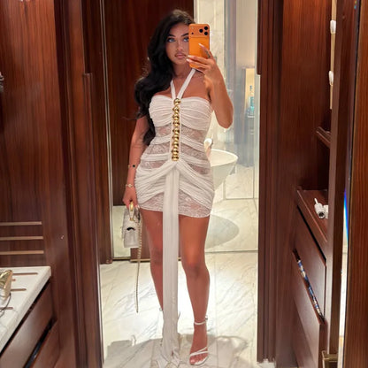 See Through Lace Mesh White Halter Mini Dress Gold Button Sexy Birthday Dresses 2026 Woman Summer Club Wear