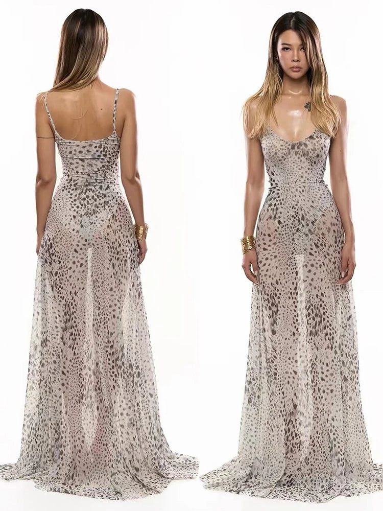 Leopard Print Maxi Dress Women Low-Neck Sleeveless See Through Skinny Beach Party Classic Summer Fashion Vestidos