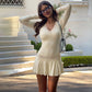 Long Sleeve Mini Dress with Lace Trim V Neckline and Waist Fashion 2026 Fall Dresses for Woman Elegant