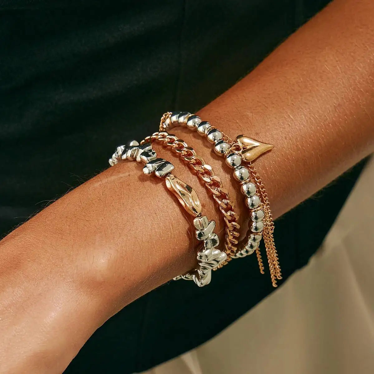 3Pcs/Set Trend Triangle Peach Heart Tassel Pendant Bracelets Women Adjustable Bead Metal Chain Wedding Bridal Jewelry