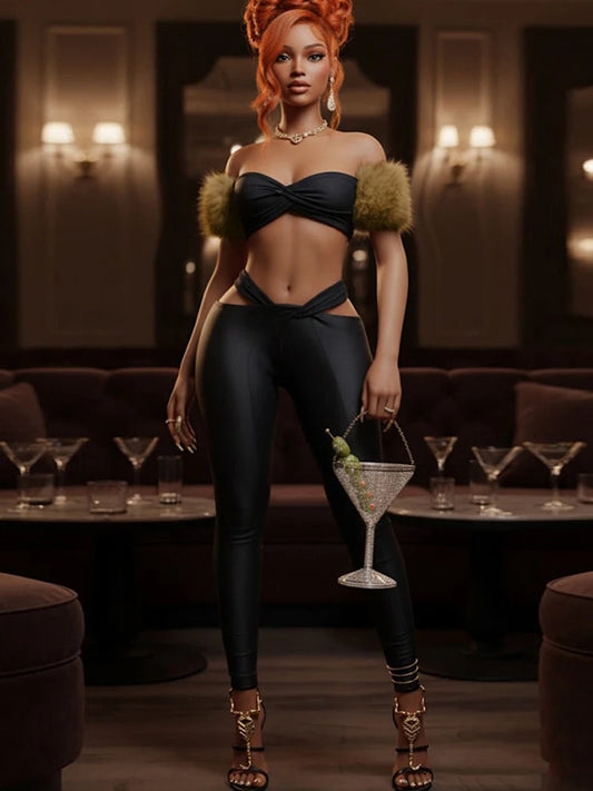 Wild Women 2 Piece Set Hollow Tracksuit Slash Neck Fur Patchwork Tops+High Waist Leggings Matching Hottie Streetwear