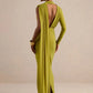 Women Draped High Neck One Long Sleeve Cutout Waist Maxi Dress Slim Backless Mermaid Formal Evening Party Dress