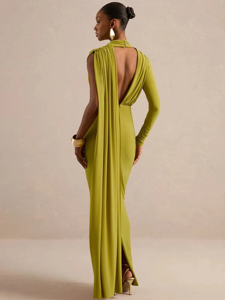 Women Draped High Neck One Long Sleeve Cutout Waist Maxi Dress Slim Backless Mermaid Formal Evening Party Dress