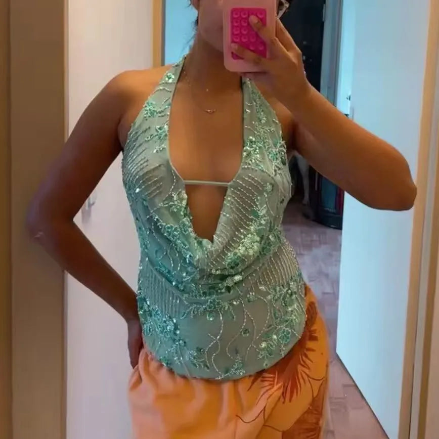 Sexy Glitter Sequin Tank Tops Women Y2K Fashion Deep V-neck Hollow Out Cropped Tops Tee Summer New Backless Beach Tops