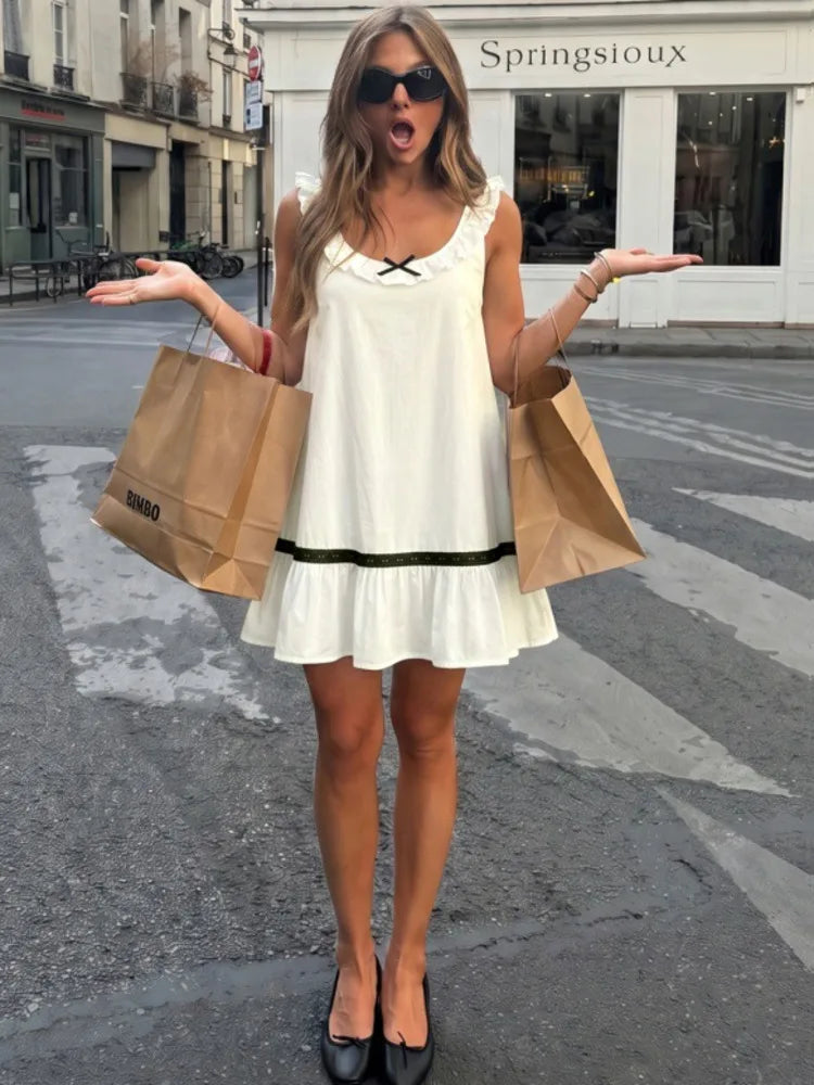 Women Ruffle Strap Mini Dress Sweet Bow Decor Contrast Lace Trim Sleeveless A‑Line Short Dress Y2K Casual Party Dress