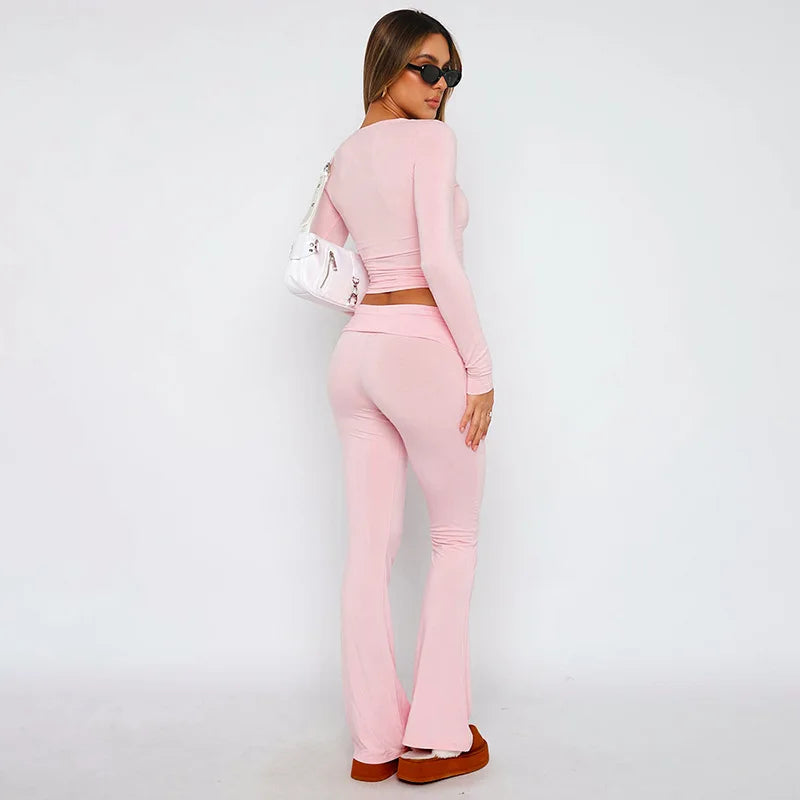 Casual Pink 2 Pieces Sets Womens Outfits for Winter Y2k Clothes Long Sleeve Top and Low Waist Flare Pants Sets
