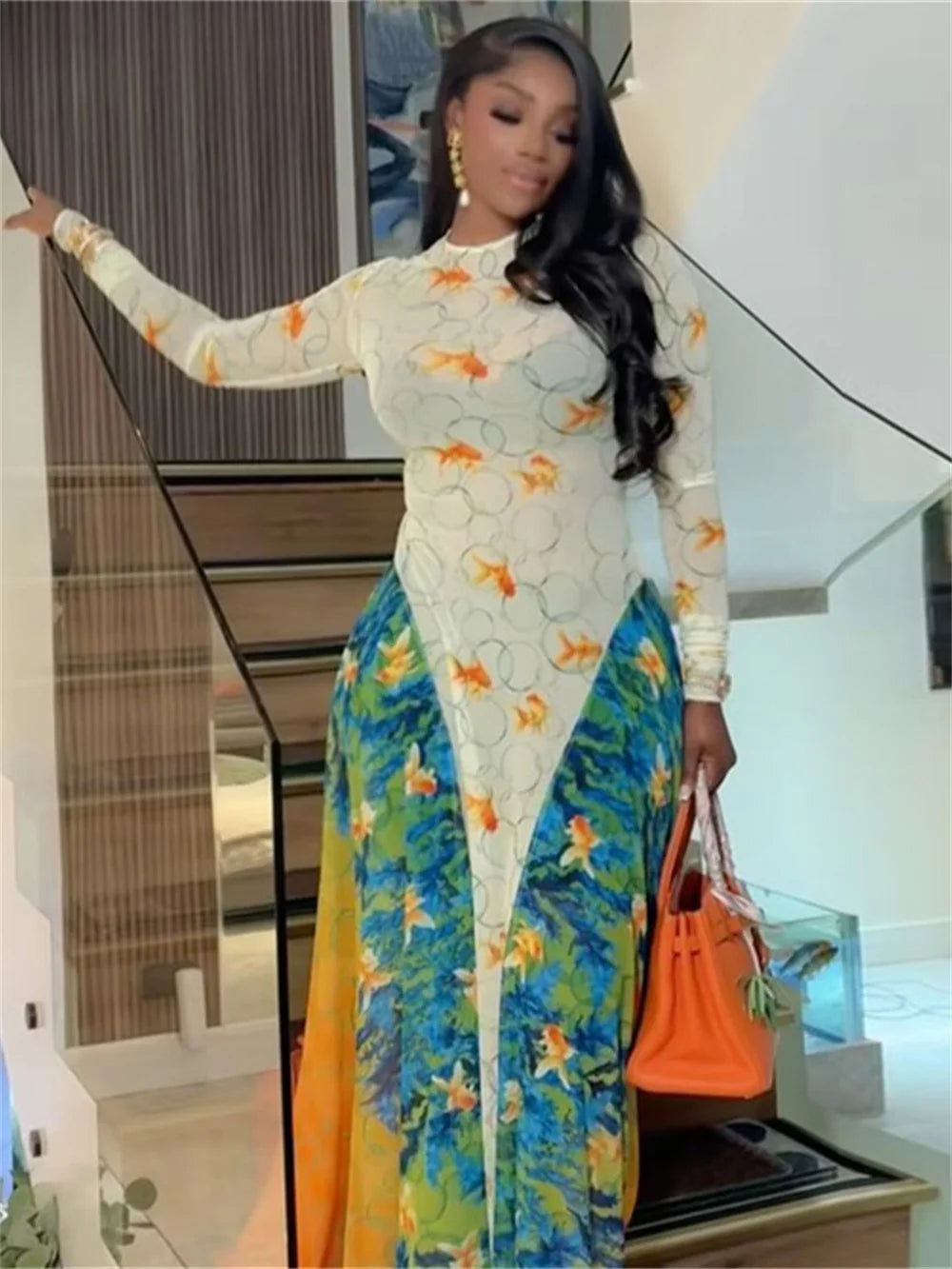 Goldfish Print Patchwork Dress Women Sexy See Through Long Sleeve Y2K Skinny Party Midnight Clubwear Party Vestidos